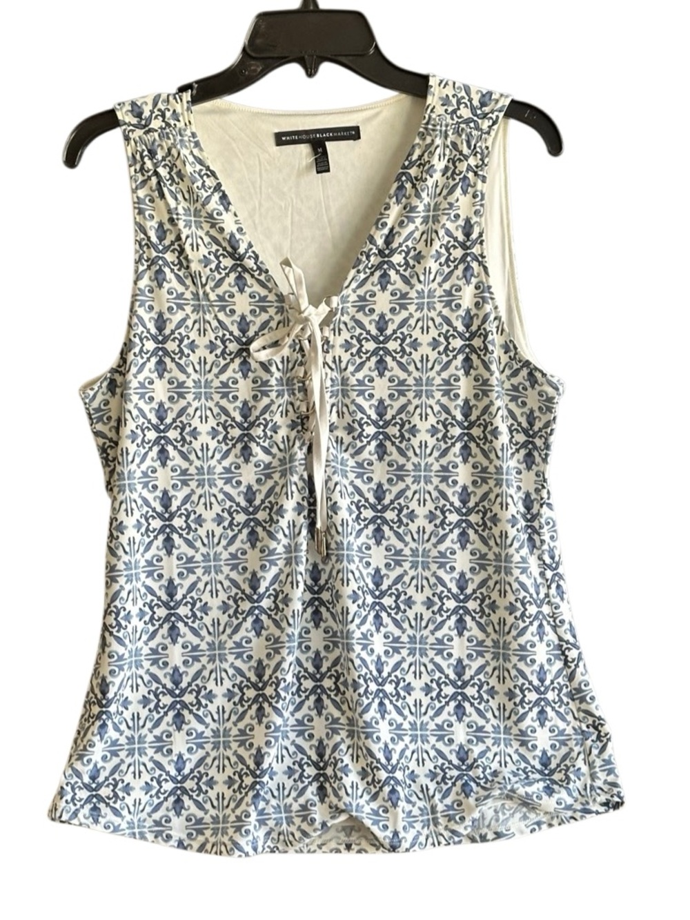 White House Black Market Blue & White Tile-Print Tie-Neck Tank. Size Medium
